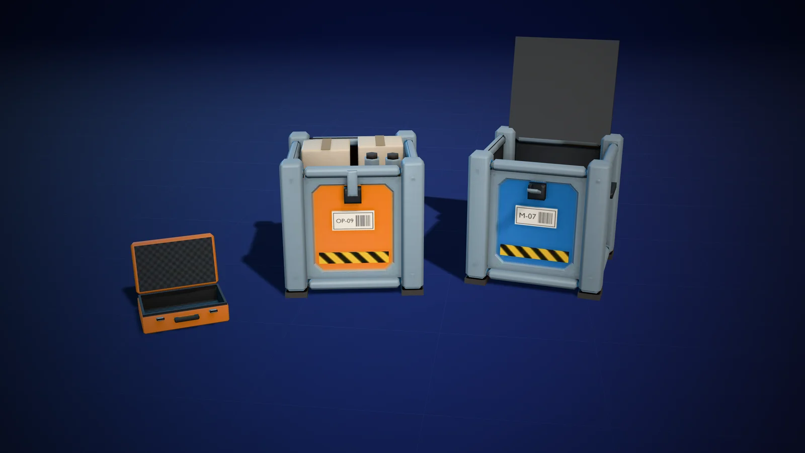 The cargo-filled open crate, Crate M with its lid up, and the open hard case